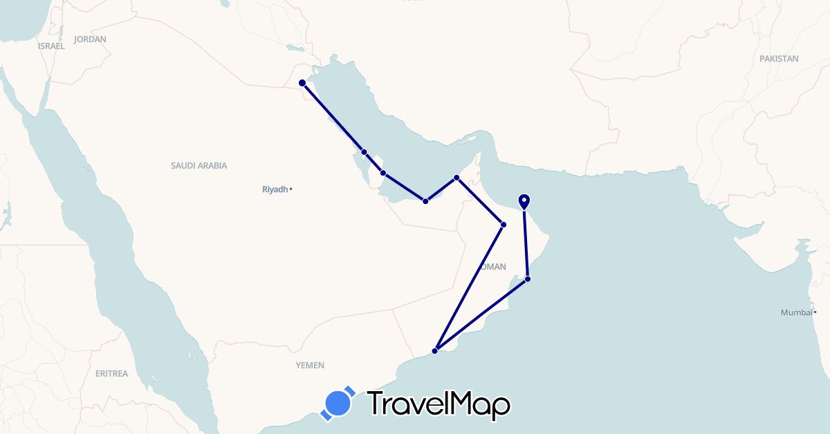 TravelMap itinerary: driving in United Arab Emirates, Bahrain, Kuwait, Oman, Qatar (Asia)